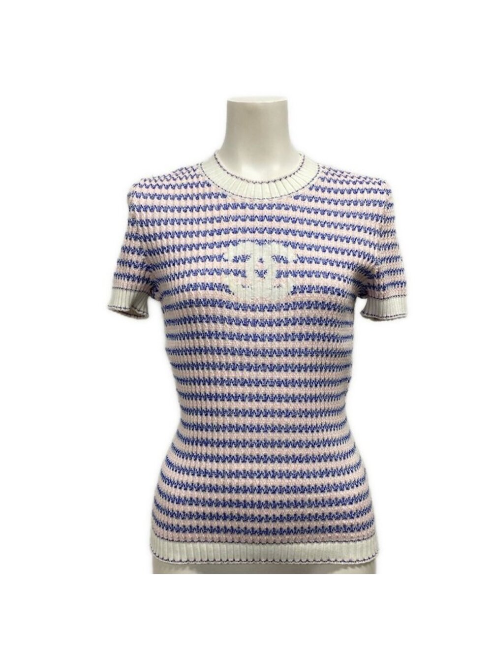 Chanel Short Sleeve Sweater S White Light Pink Blue Crew Neck Border CC Logo 36